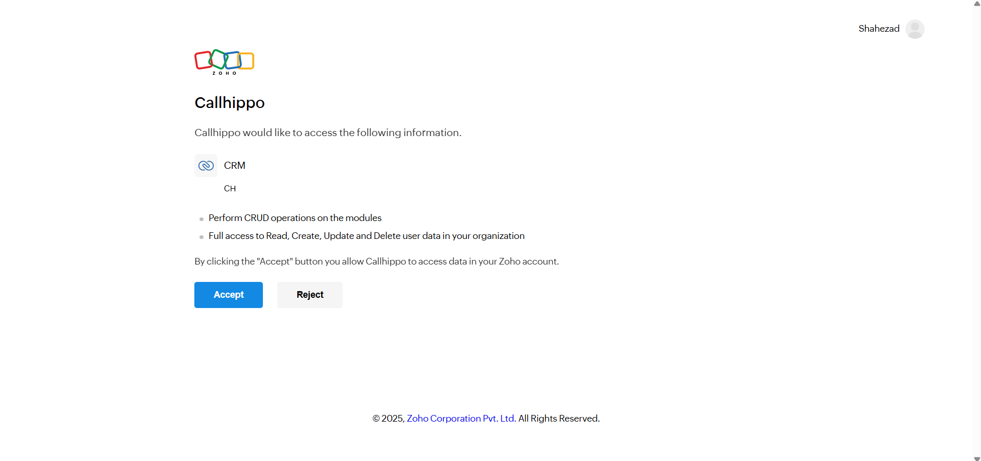 Zoho consent screen granting CallHippo access to CRM, with Accept button