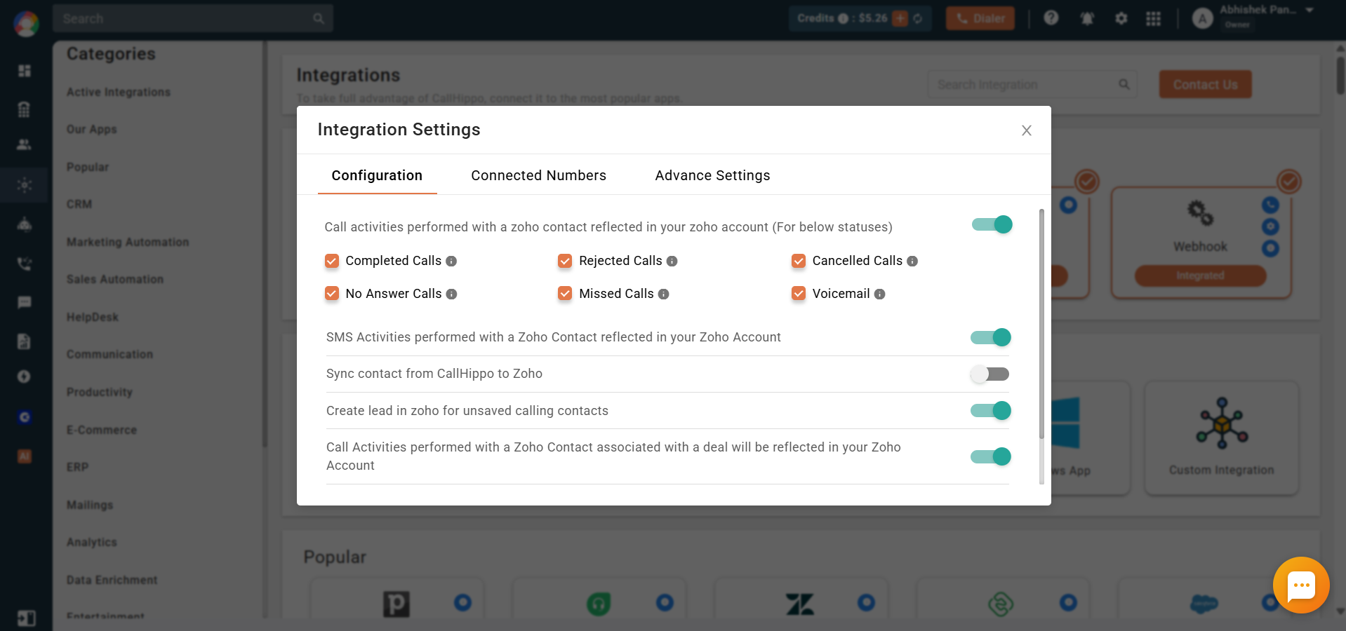 Configuration tab of Zoho Integration Settings in CallHippo