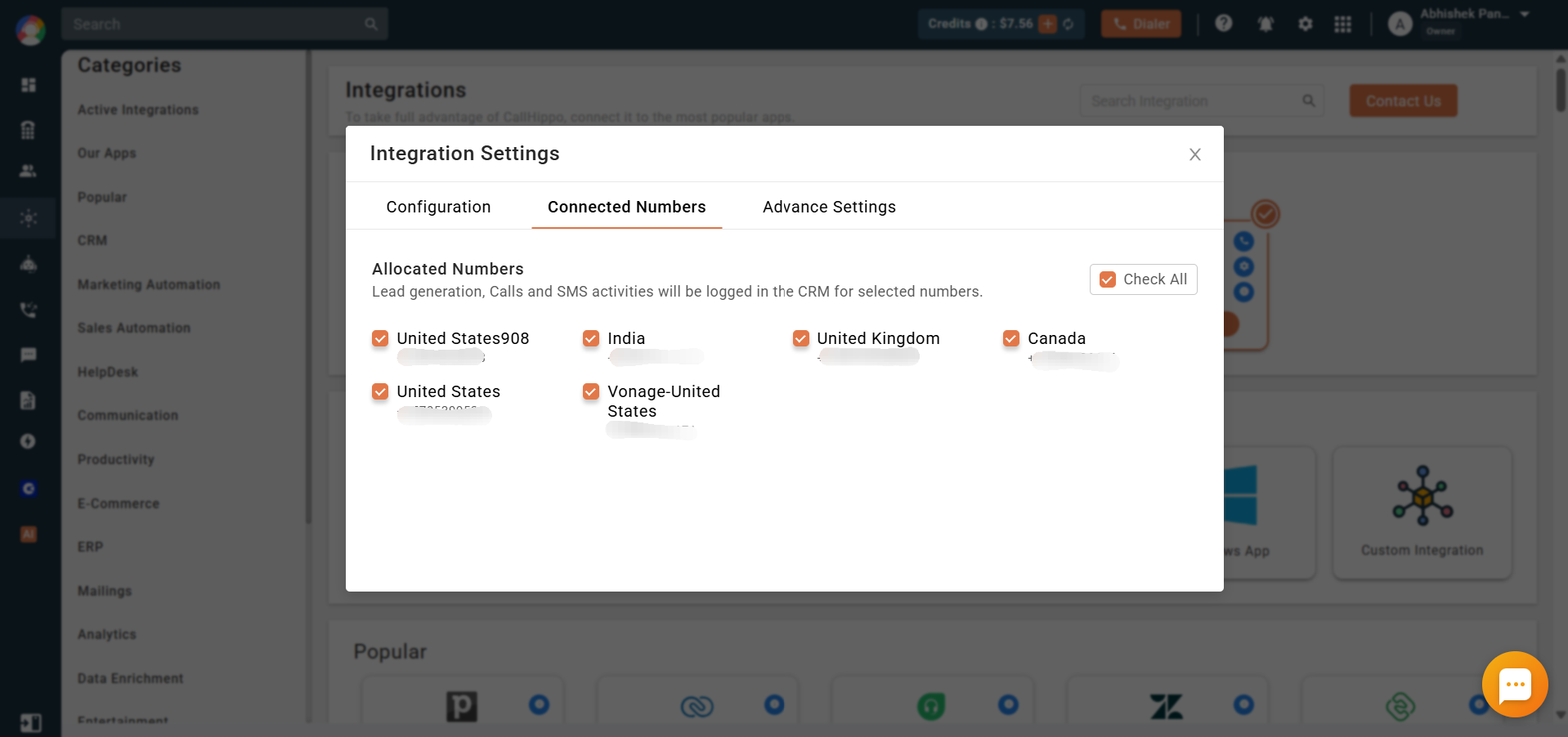 Connected Numbers tab listing allocated numbers to sync with Zoho