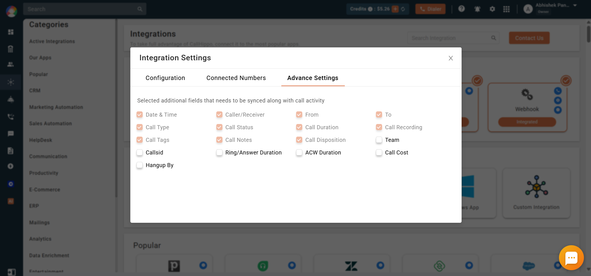 Advance Settings tab with additional call fields to sync with Zoho