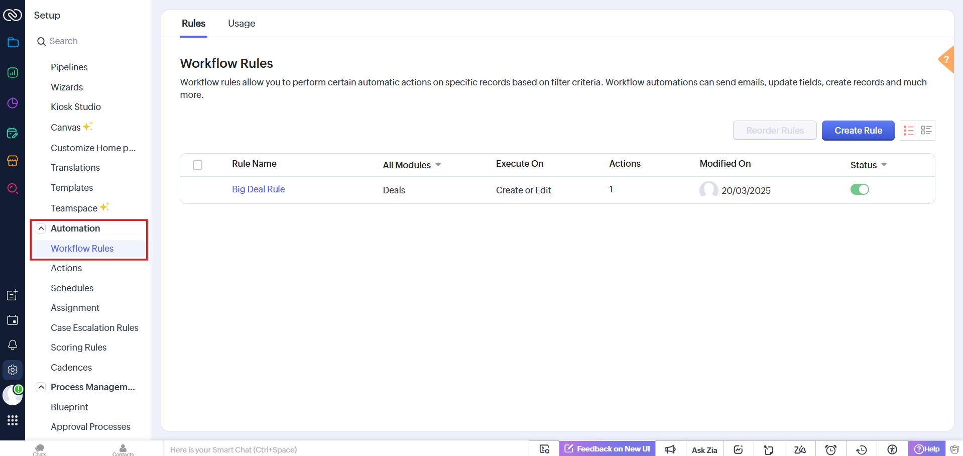 Zoho setup with Automation and Workflow Rules highlighted