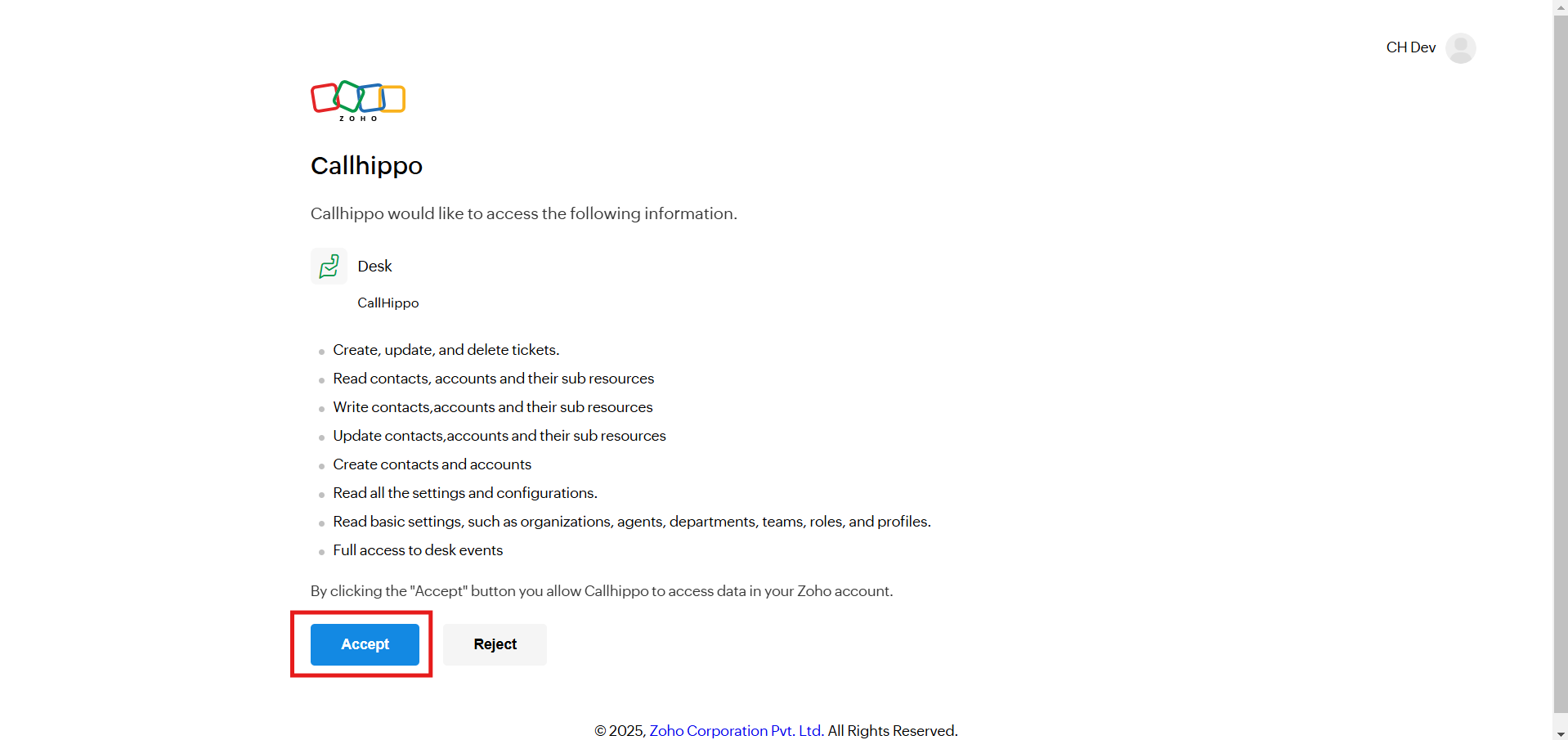 Zoho permission screen granting CallHippo access to Desk with Accept button