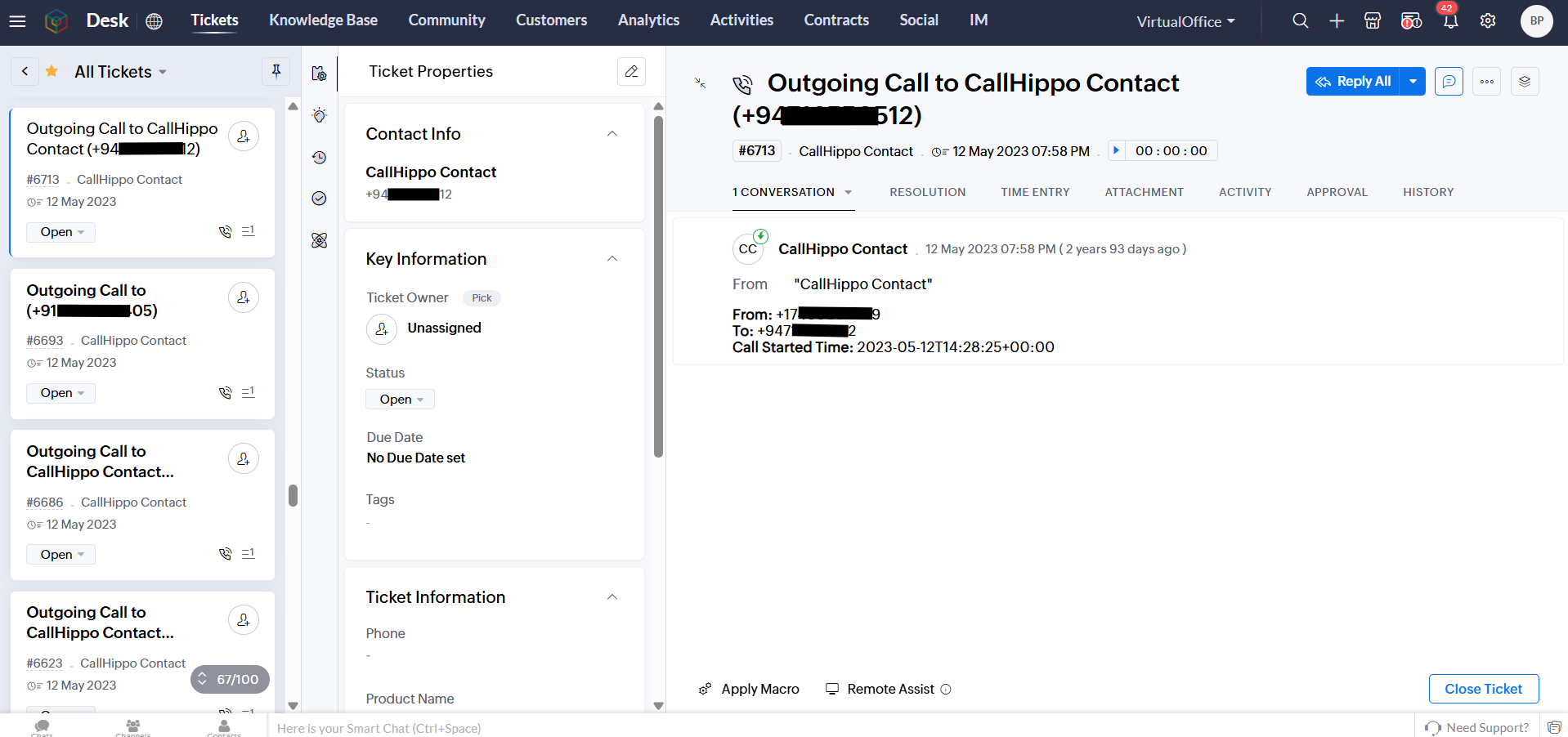 Zoho Desk ticket created from an outgoing CallHippo call