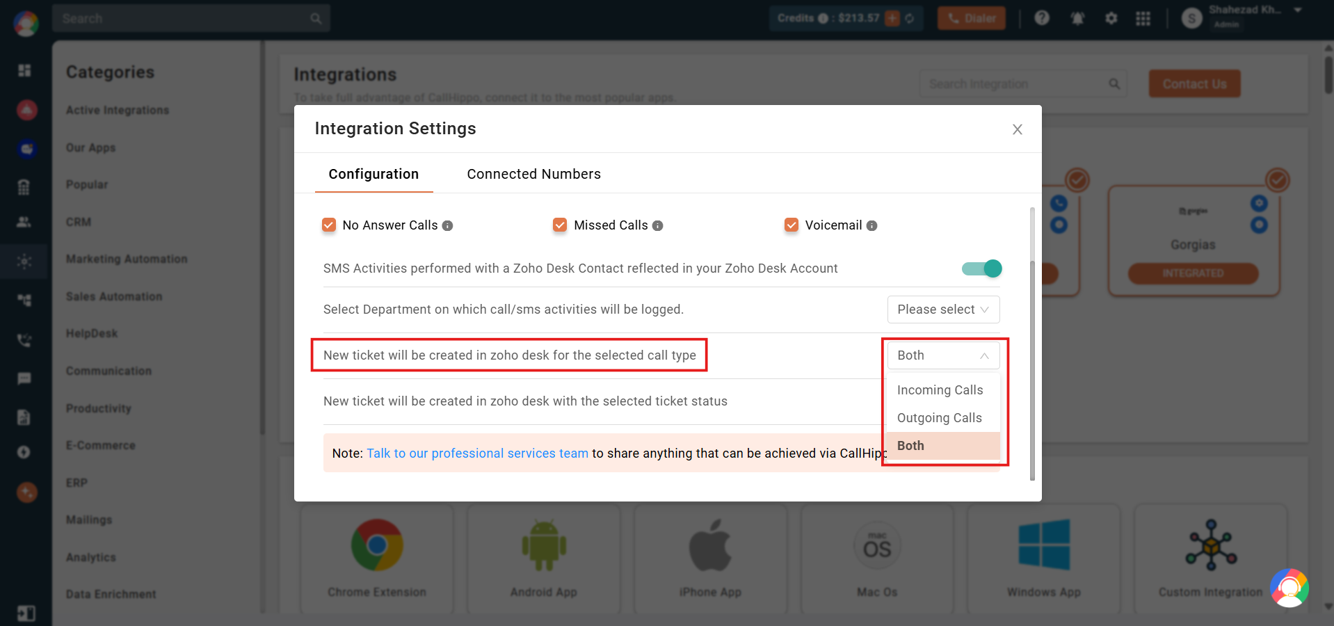 Call type dropdown with Incoming, Outgoing and Both options
