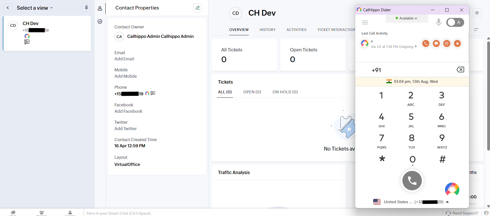 CallHippo dialer opening from a phone number in a Zoho Desk contact