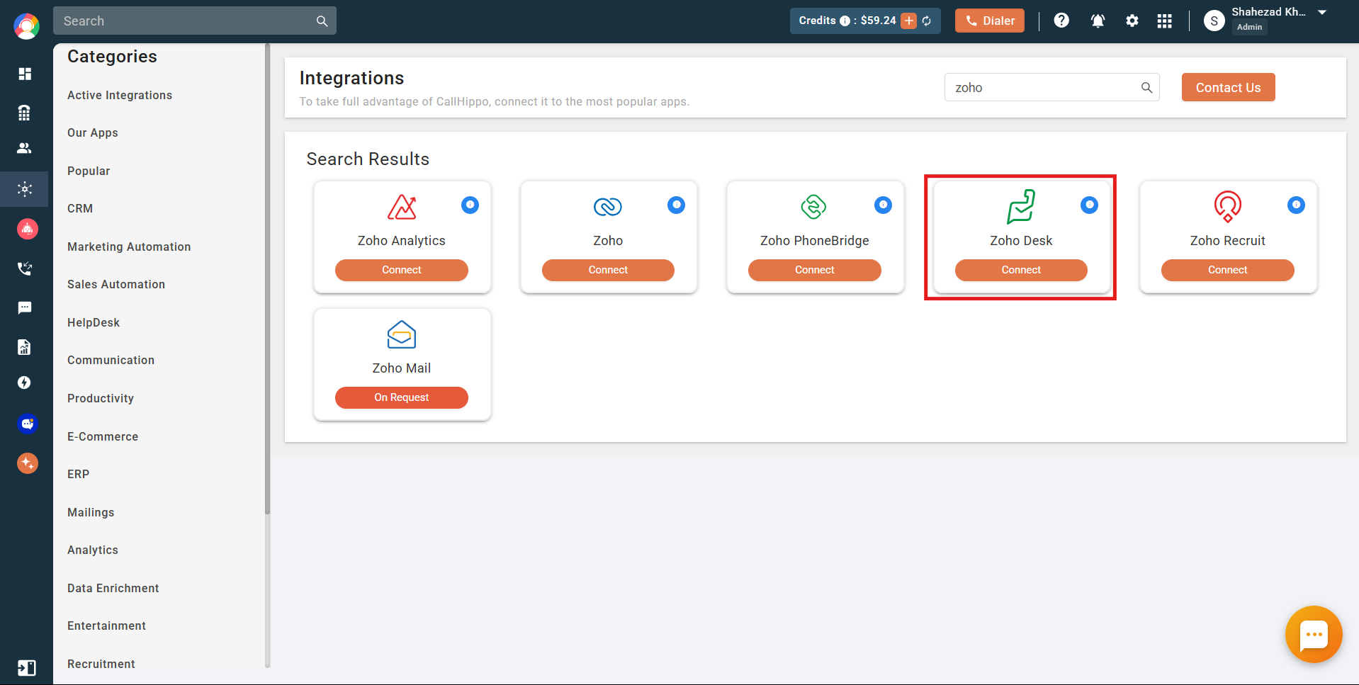 CallHippo Integrations page with Zoho Desk highlighted and a Connect button