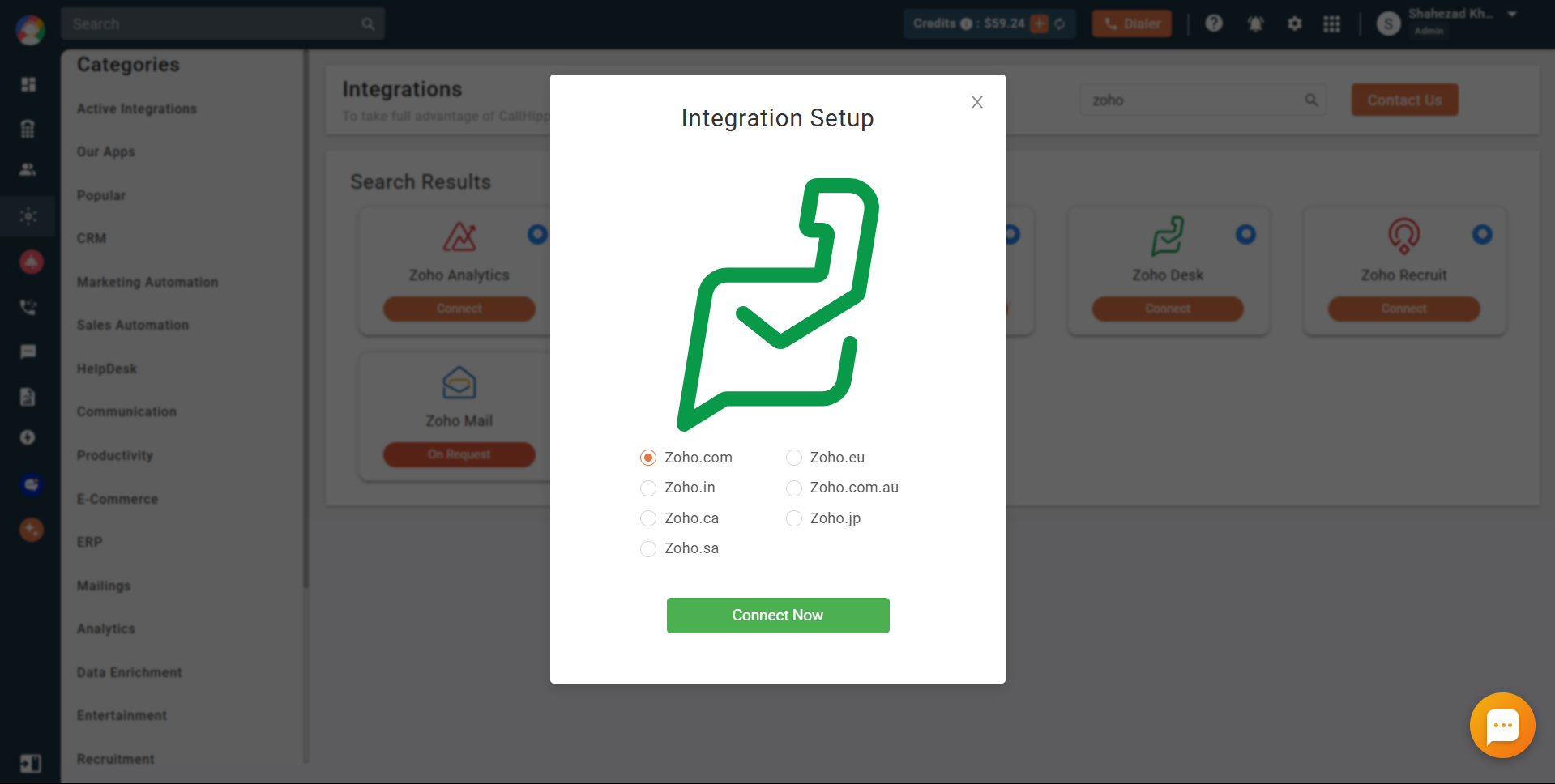 Zoho Desk Integration Setup dialog with domain options and Connect Now button