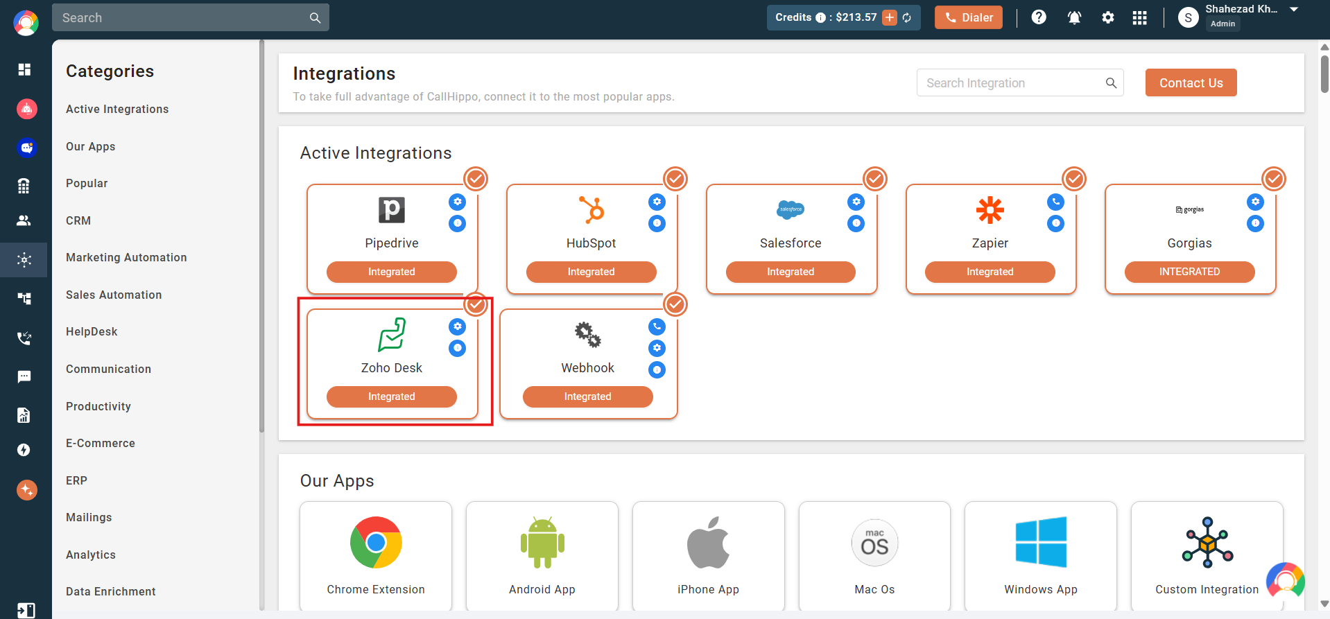 CallHippo Active Integrations showing Zoho Desk as Integrated