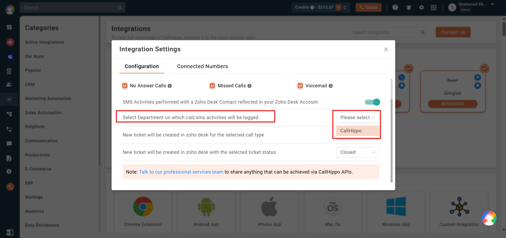 Department dropdown in Zoho Desk integration settings