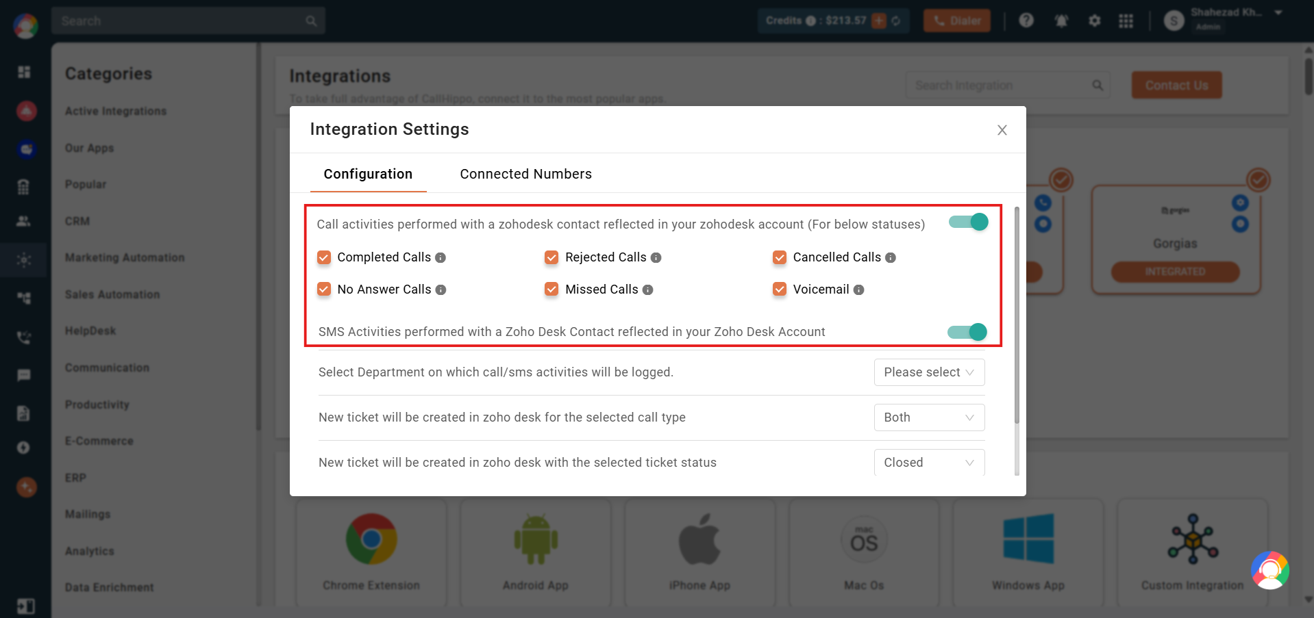Zoho Desk Integration Settings with call and SMS activity toggles enabled