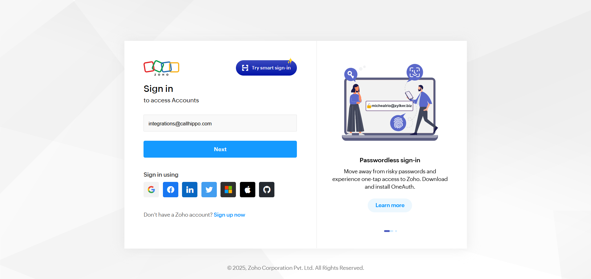 Zoho account sign-in screen