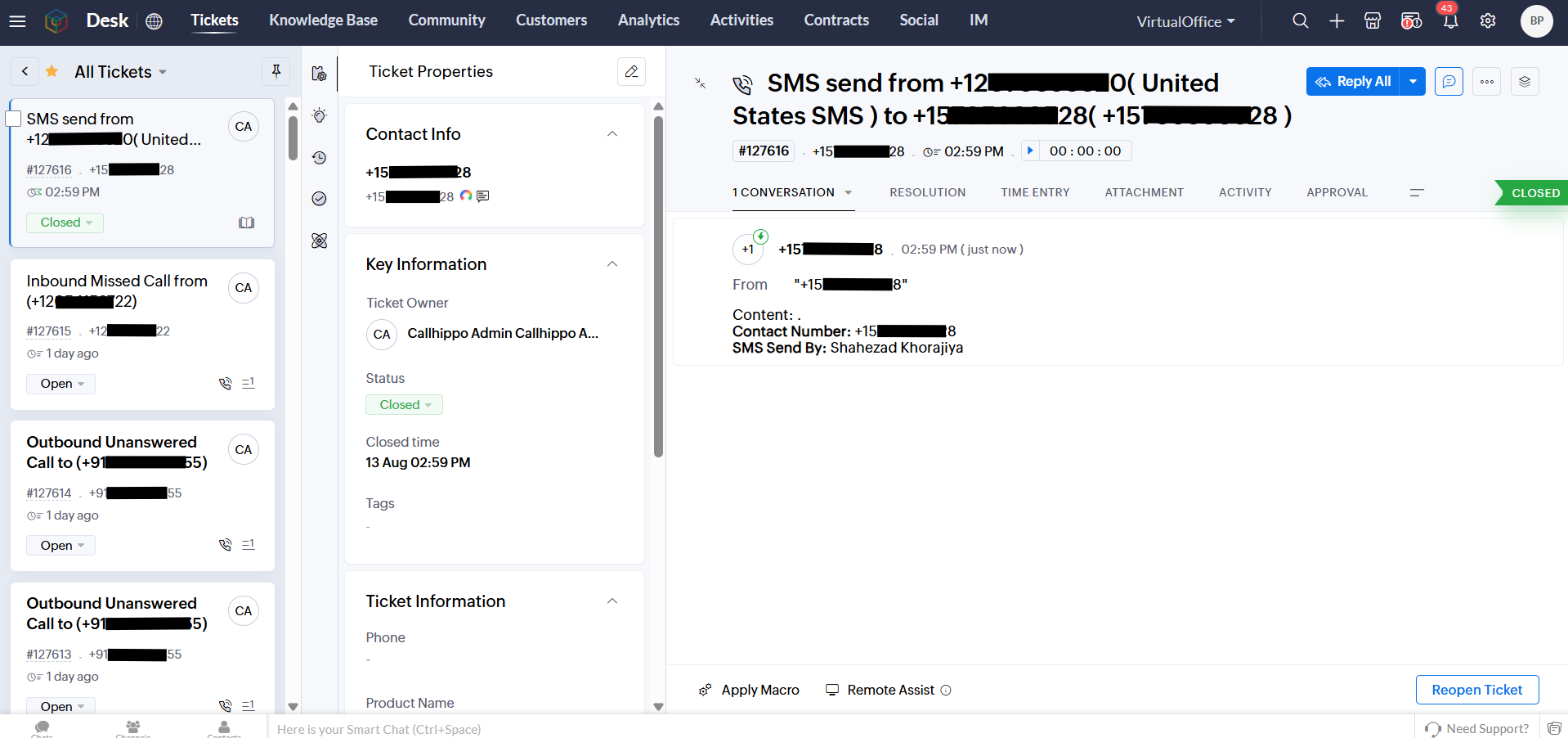 Zoho Desk ticket created from a CallHippo SMS