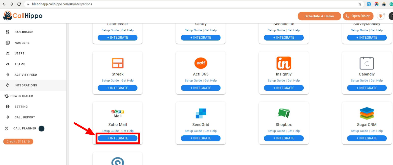 CallHippo Integrations page with the Zoho Mail Integrate button highlighted