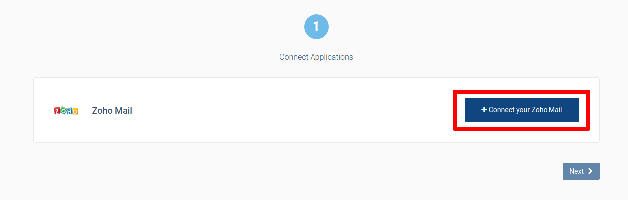 Zoho Mail setup page with the Connect your Zoho Mail button