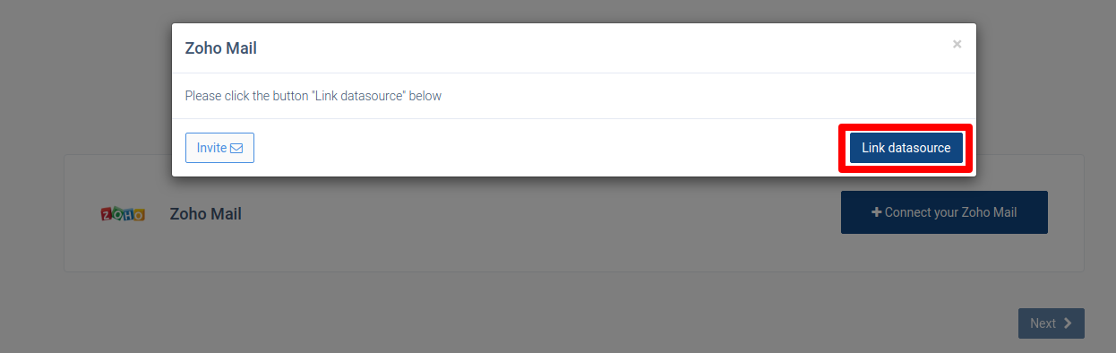 Zoho Mail dialog with the Link datasource button highlighted