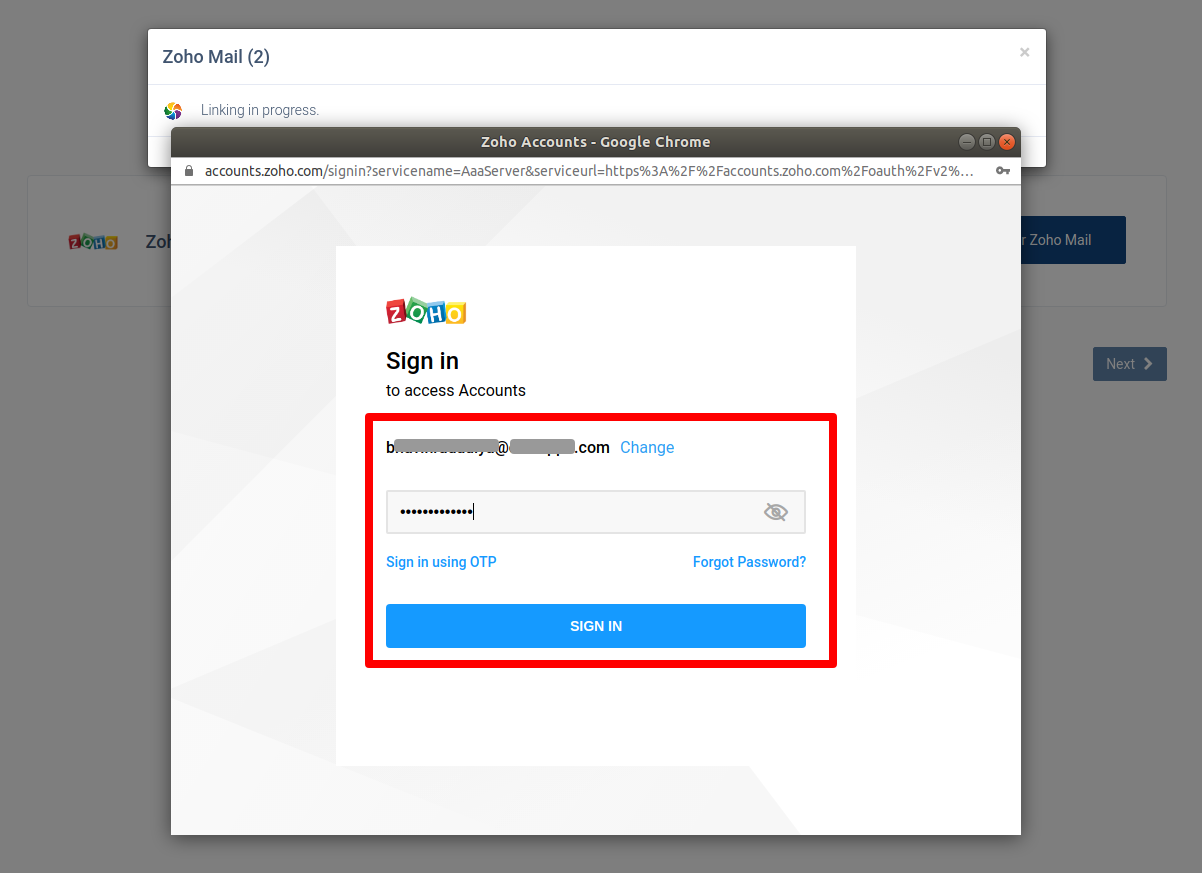 Zoho account sign in page with credentials and Sign In button