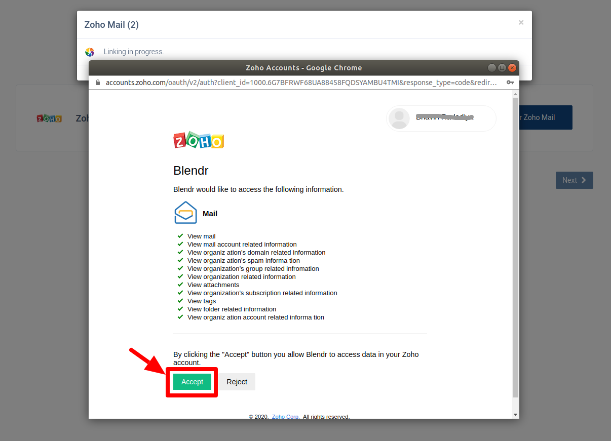 Zoho permission page with the Accept button highlighted