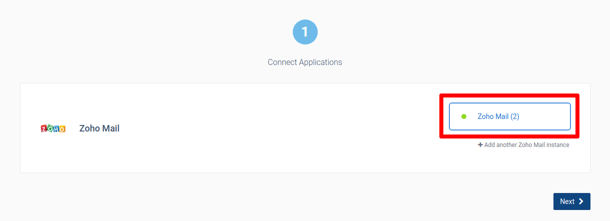 CallHippo setup showing the connected Zoho Mail account with Next button