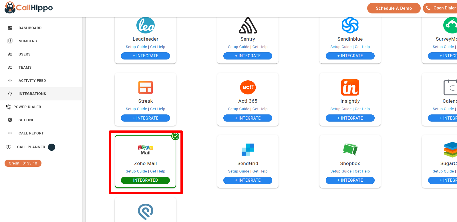 CallHippo Integrations page showing Zoho Mail marked as Integrated