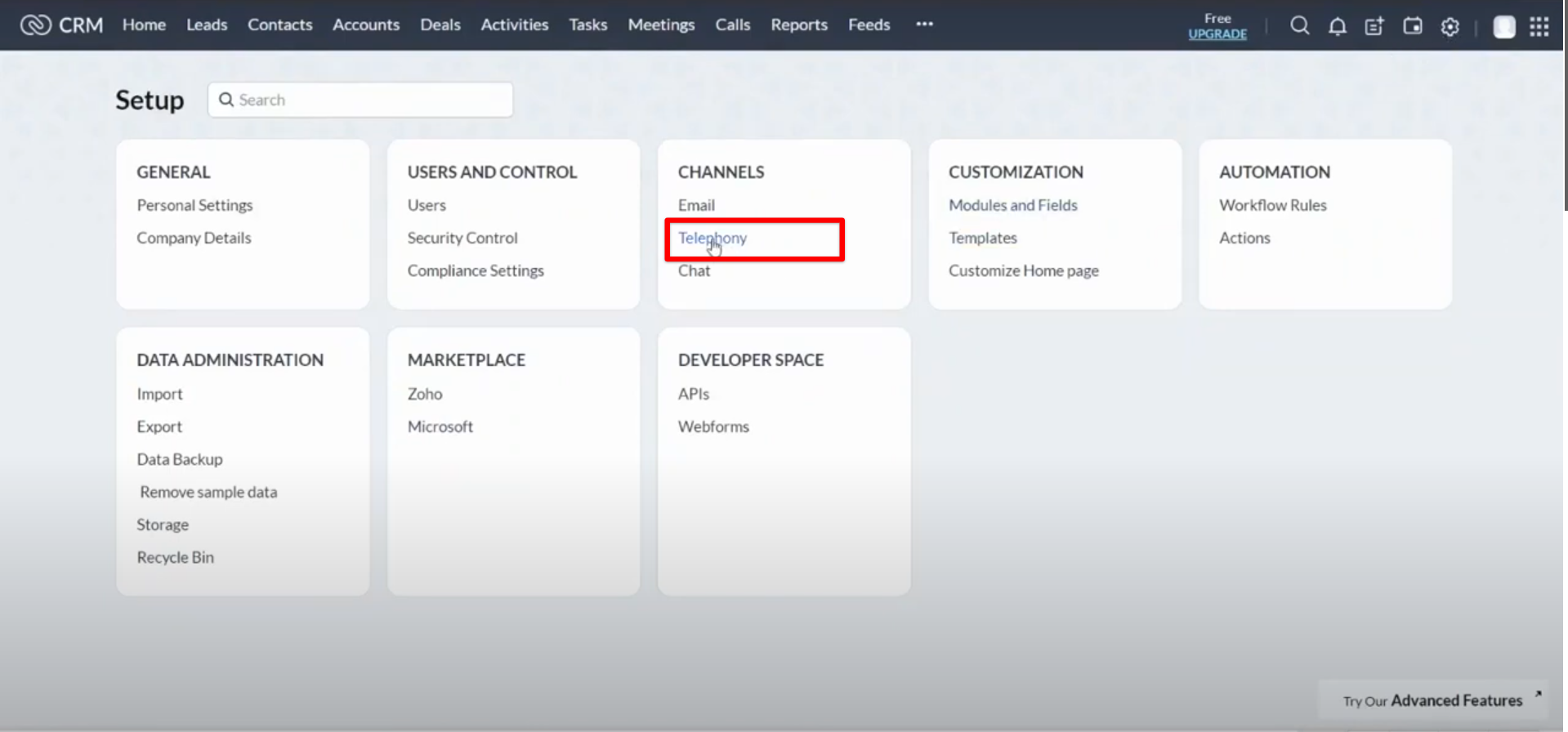 Zoho CRM Setup page with Telephony highlighted under Channels