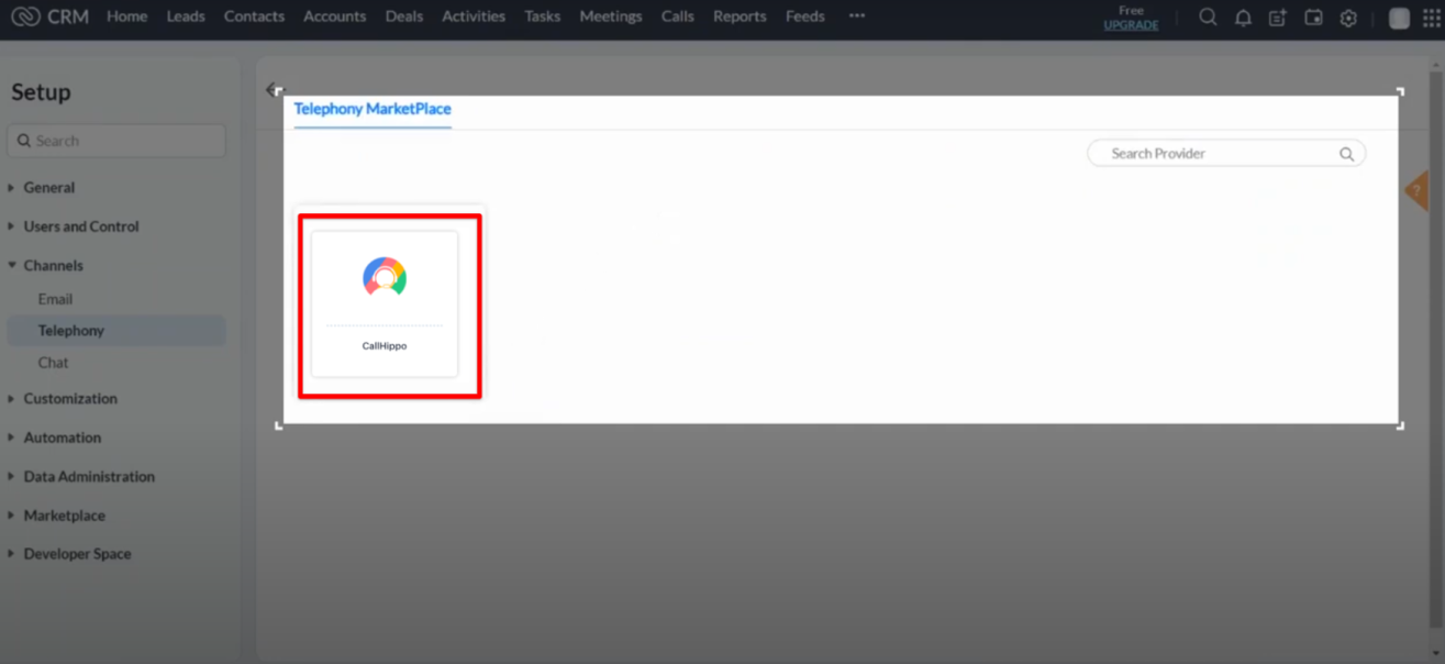 Zoho Telephony Marketplace showing the CallHippo tile