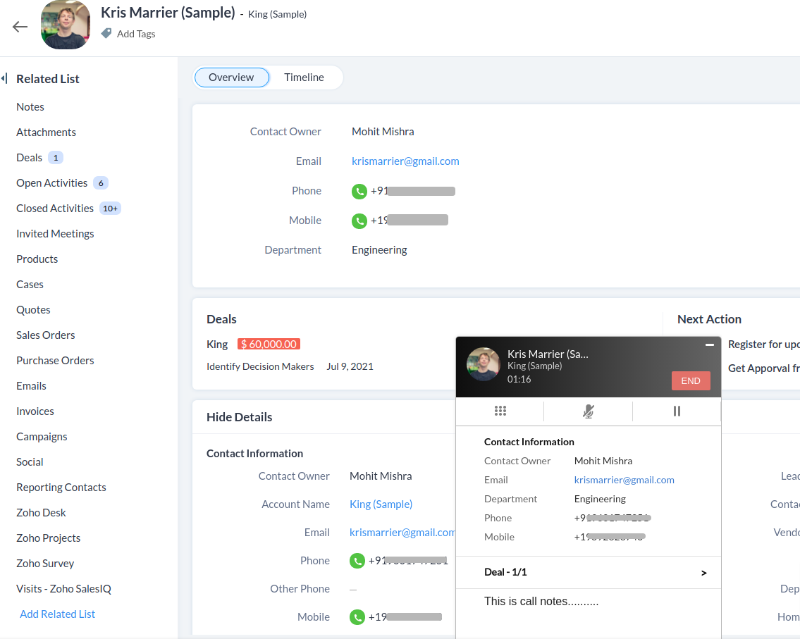 Zoho CRM contact page with an active CallHippo call window showing contact information
