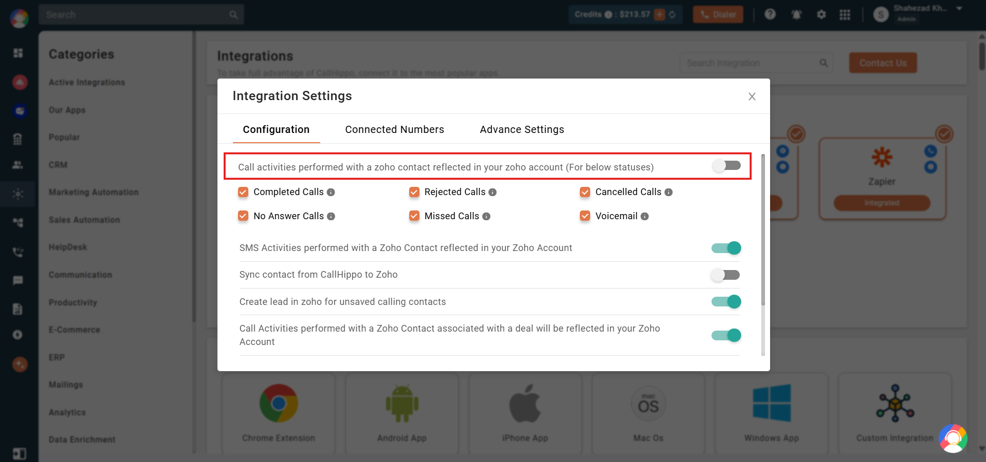 CallHippo Zoho Integration Settings with the call-activity toggle highlighted to avoid duplicate activities