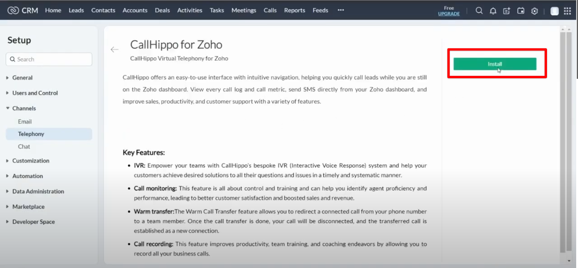CallHippo for Zoho page with the Install button highlighted