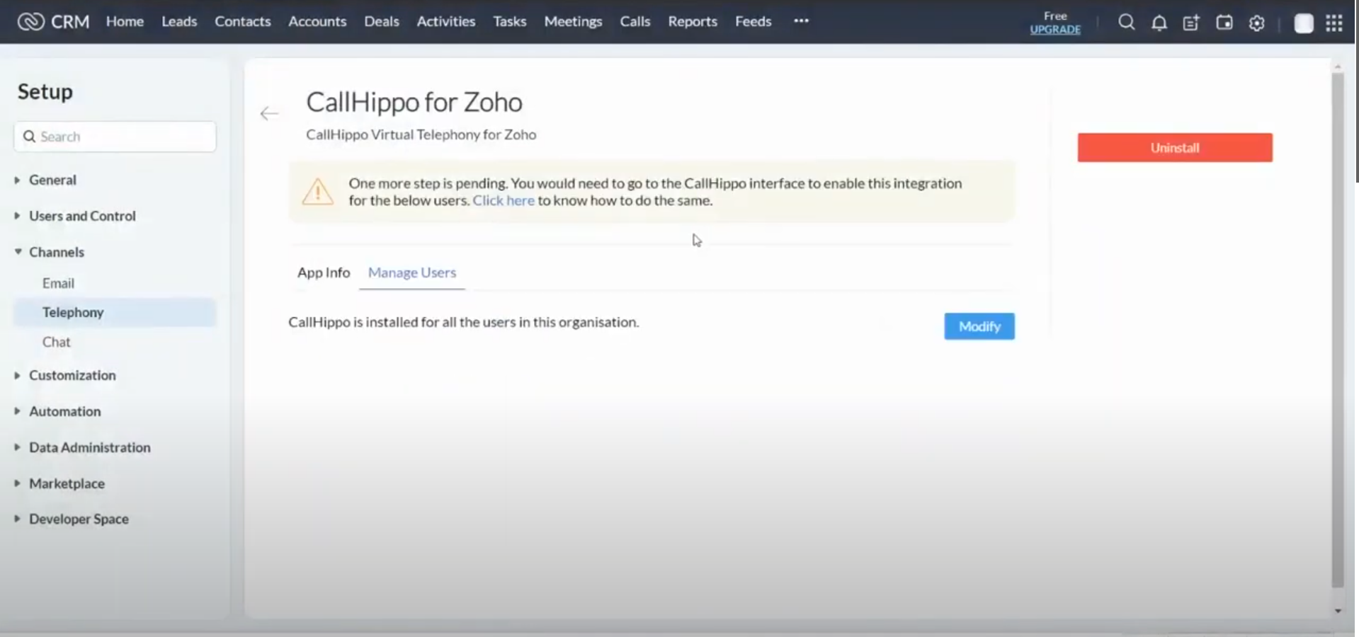 CallHippo for Zoho showing installed status and Manage Users tab