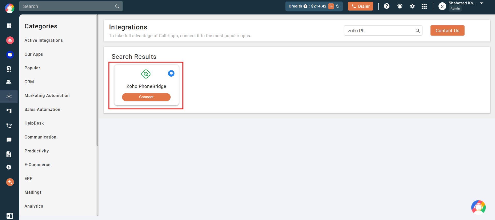 CallHippo Integrations page with Zoho PhoneBridge Connect button