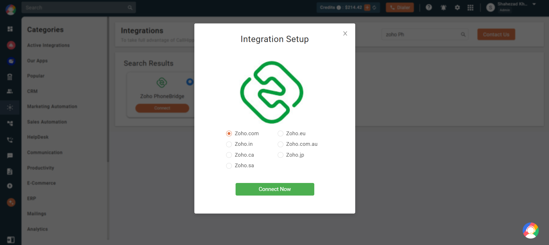 CallHippo Integration Setup popup to select Zoho domain and Connect Now