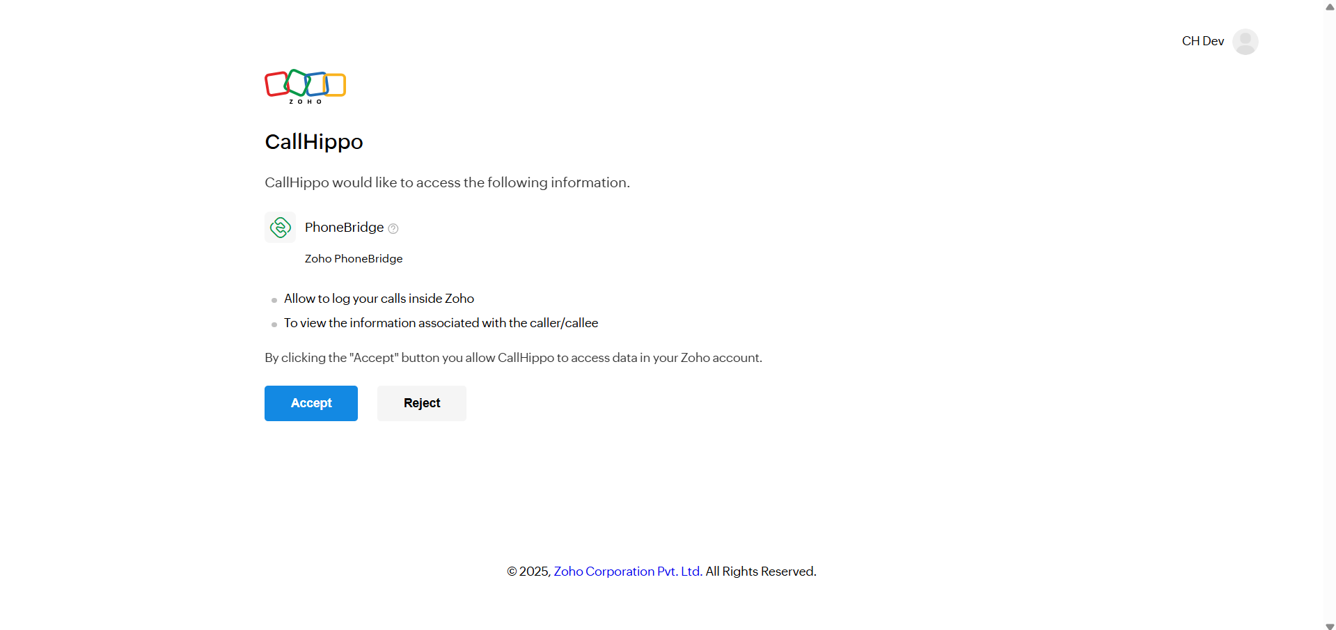 Zoho permission page granting CallHippo PhoneBridge access with Accept button
