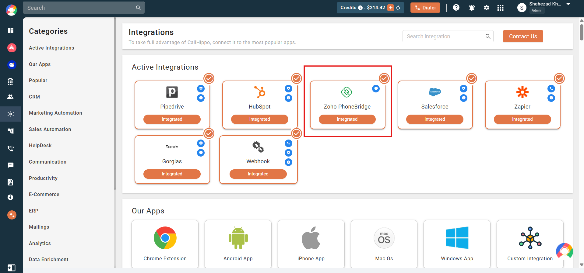 CallHippo Active Integrations showing Zoho PhoneBridge as Integrated