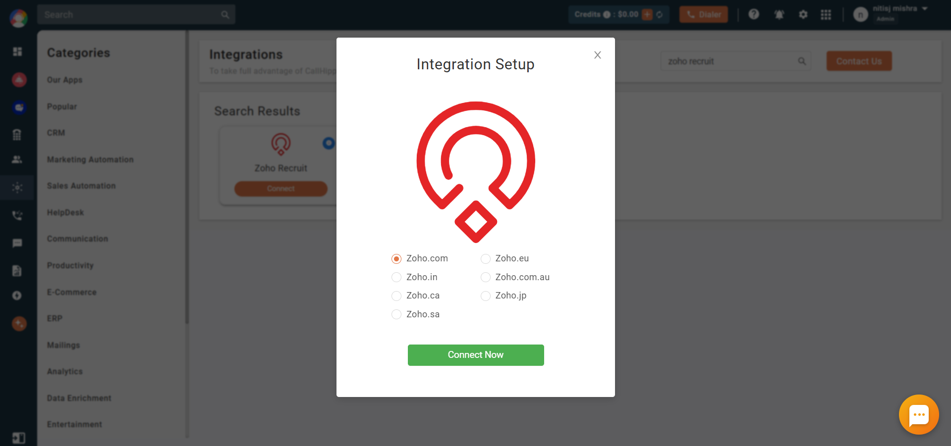 CallHippo Integration Setup popup to select Zoho domain and Connect Now
