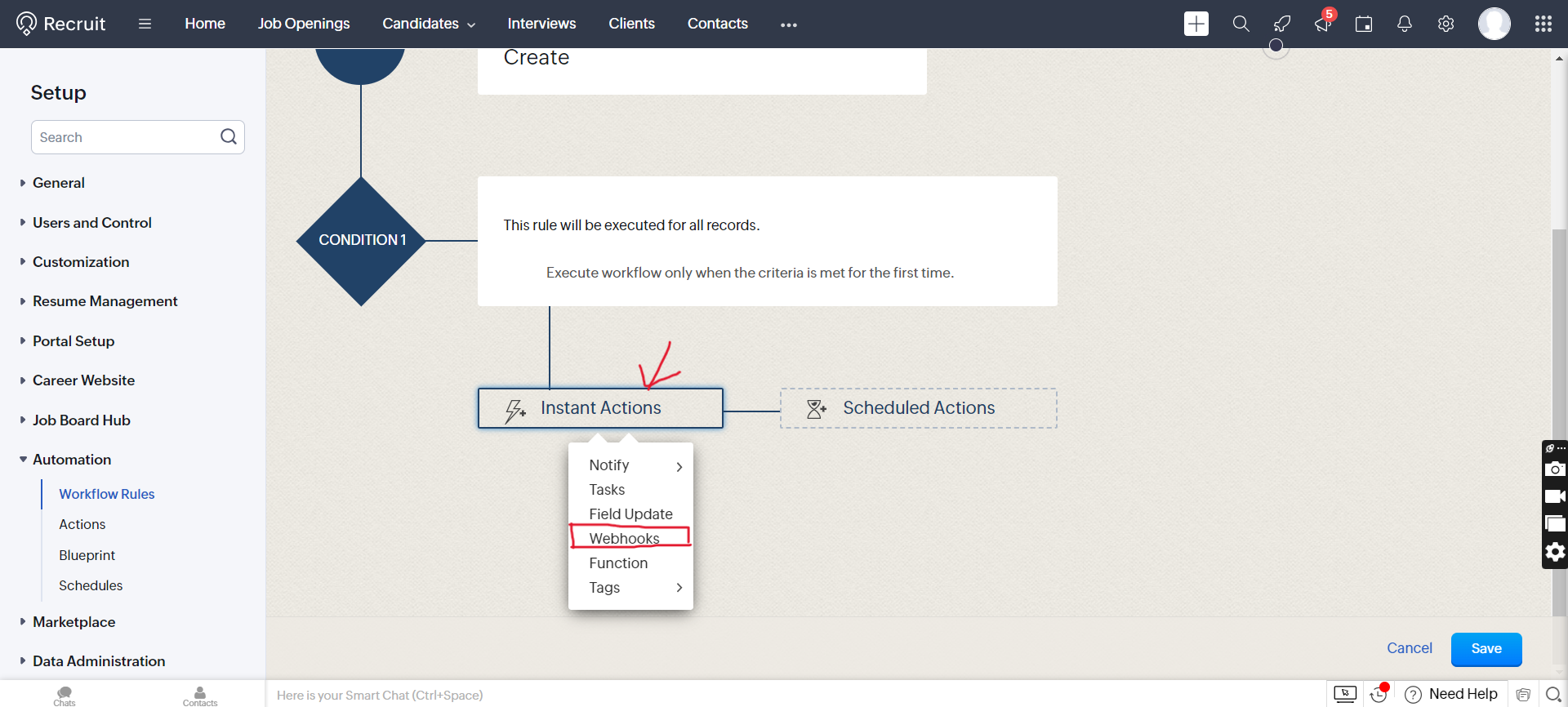 Zoho Recruit Instant Actions menu with Webhooks option highlighted
