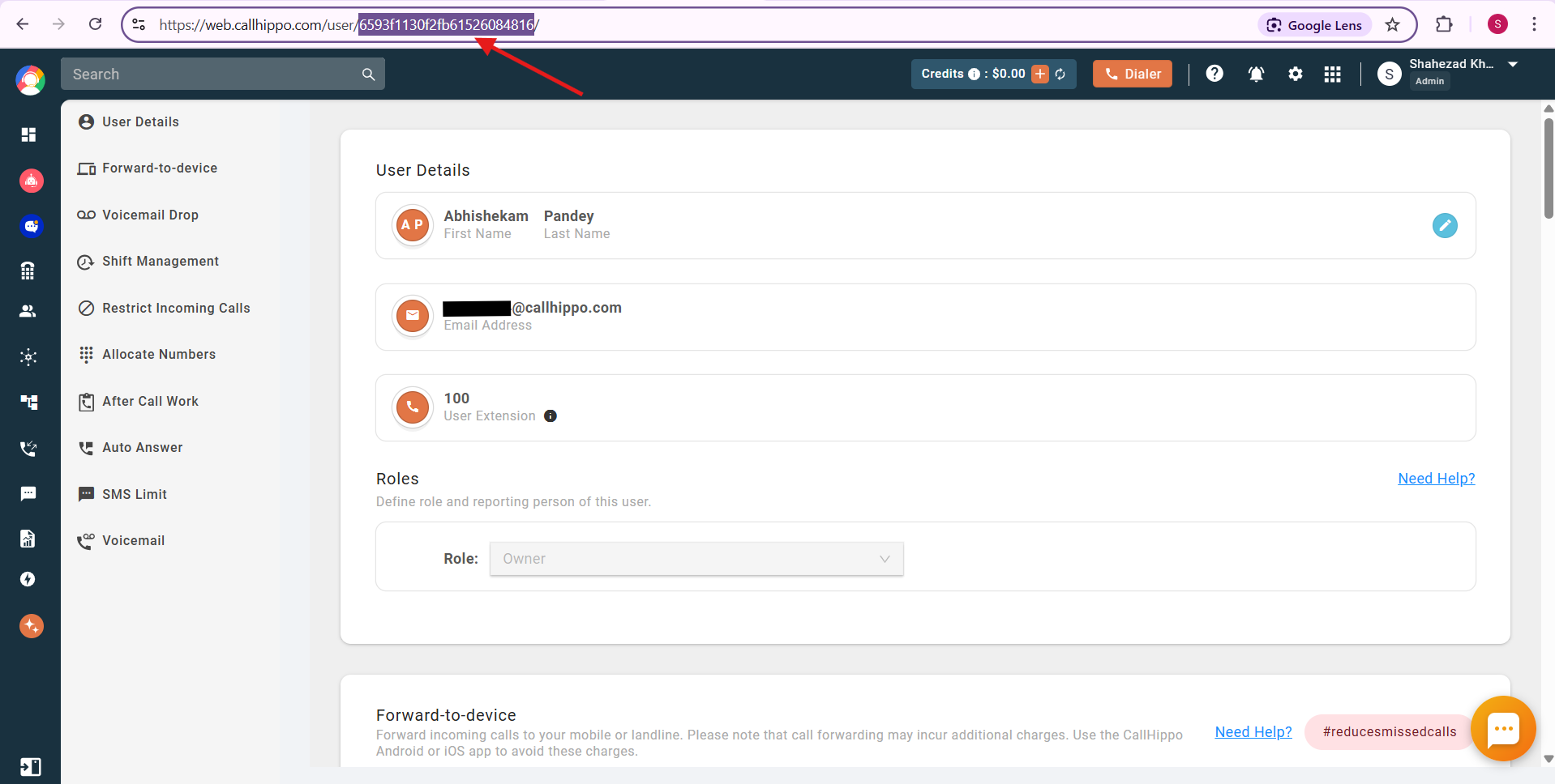 CallHippo User Details page with the user ID highlighted in the browser address bar