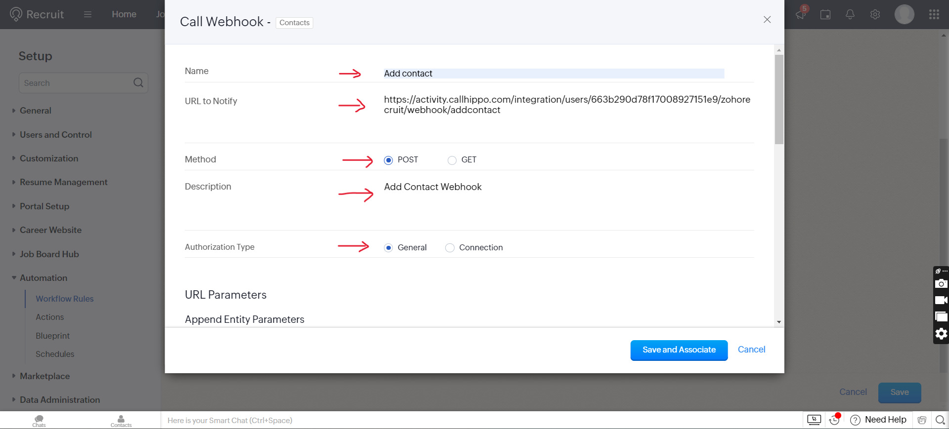 Zoho Recruit Call Webhook dialog with name, notify URL, and POST method set