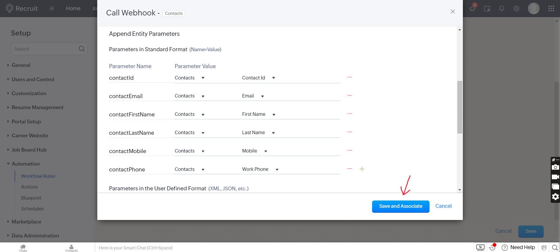 Zoho Recruit webhook URL parameters mapping contact fields