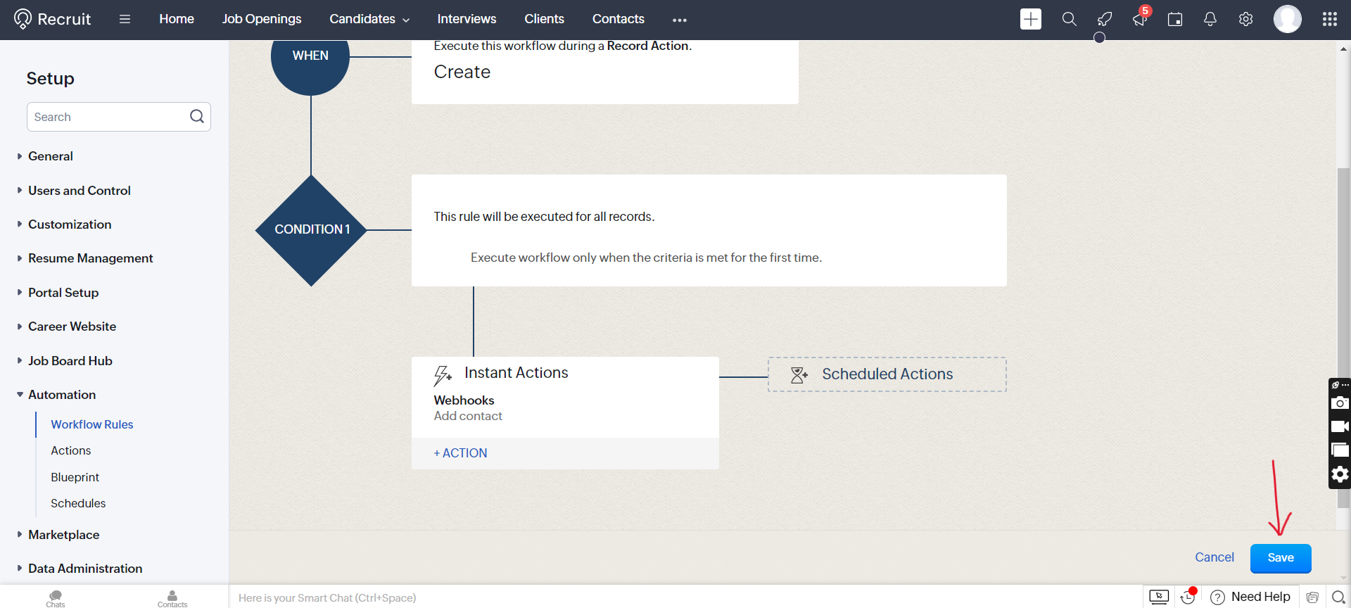 Zoho Recruit workflow with the Add contact webhook attached, ready to Save