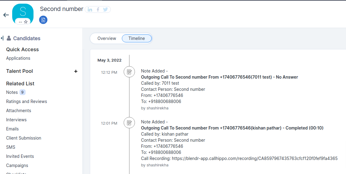 Zoho Recruit candidate Timeline showing CallHippo call activity notes