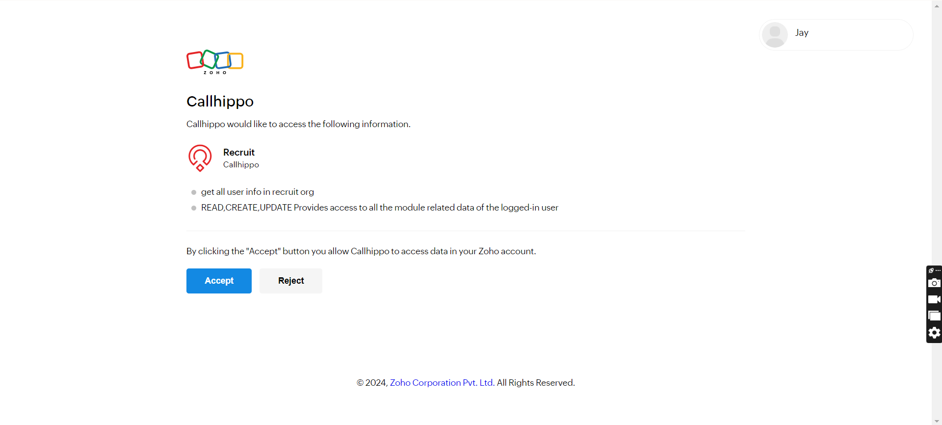 Zoho consent screen granting CallHippo access to Recruit, with Accept button