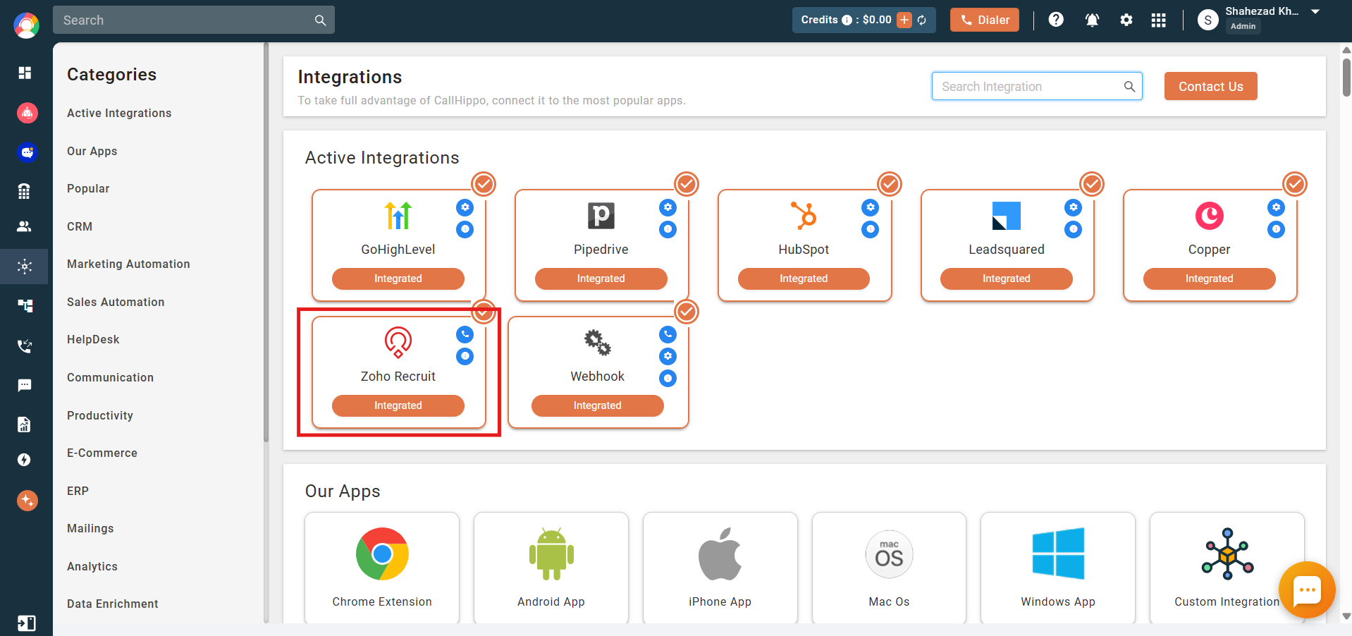 CallHippo Active Integrations showing Zoho Recruit as Integrated