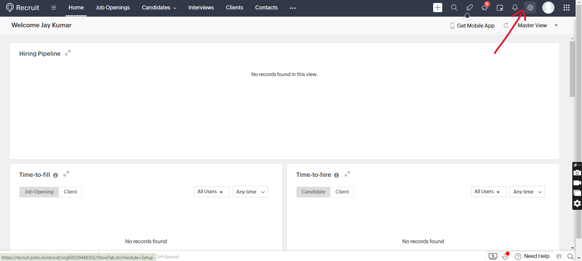 Zoho Recruit home page with Settings gear icon highlighted