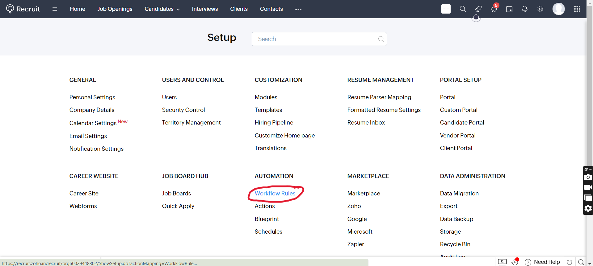 Zoho Recruit Setup page with Workflow Rules highlighted under Automation