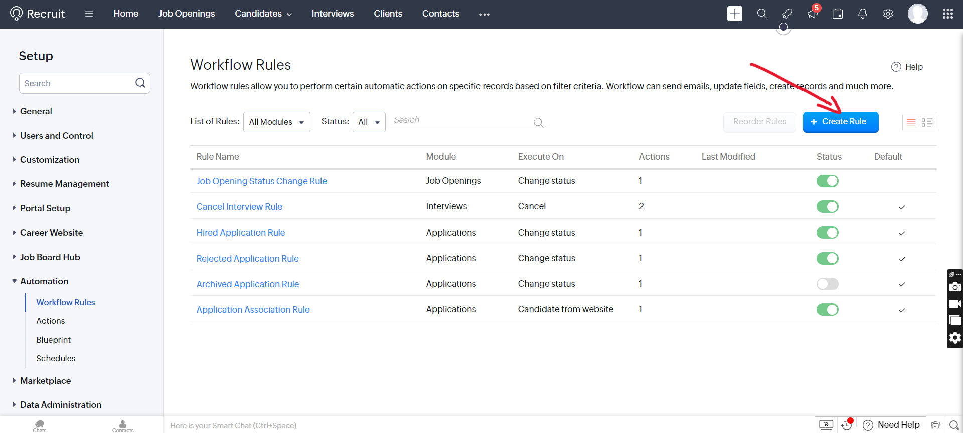 Zoho Recruit Workflow Rules list with Create Rule button highlighted