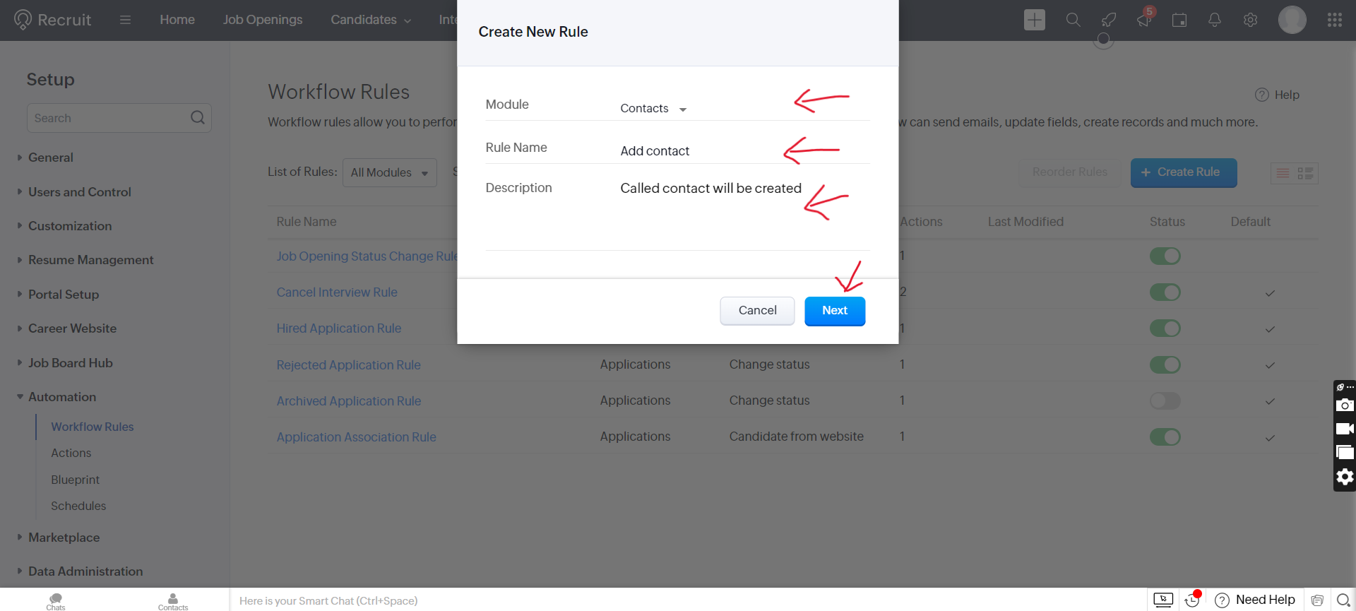 Zoho Recruit Create New Rule dialog set to Contacts module named Add contact