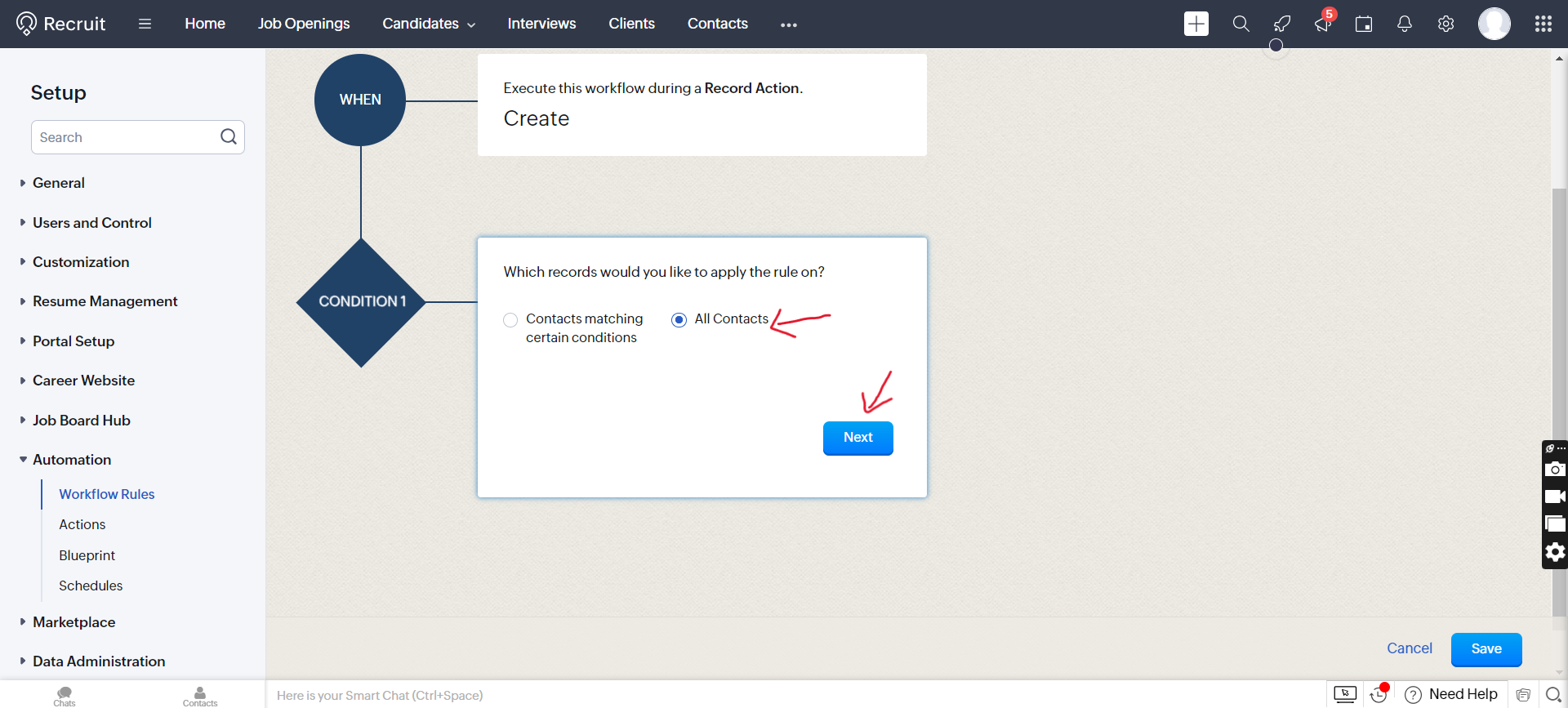 Zoho Recruit workflow condition set to All Contacts