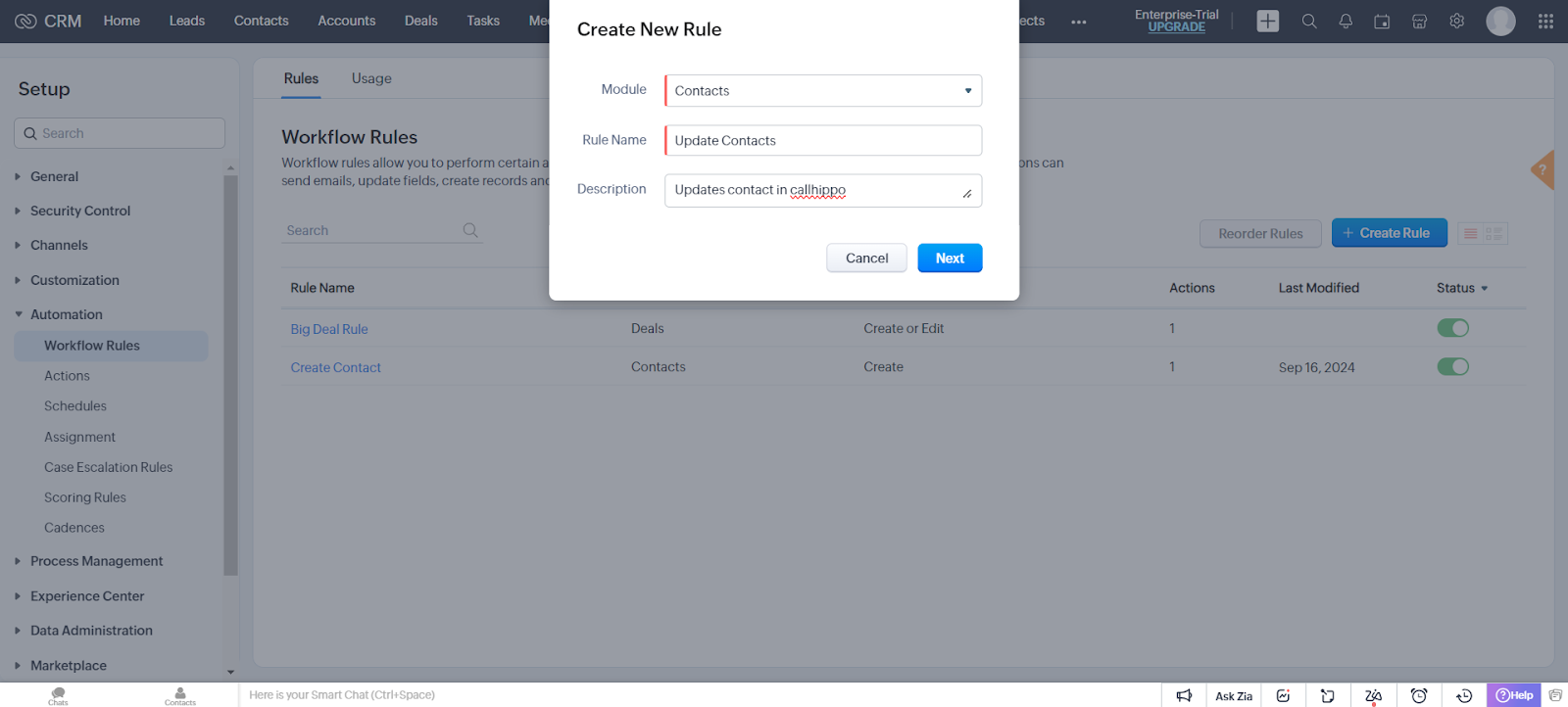 Create New Rule popup with Contacts module and Update Contacts rule name