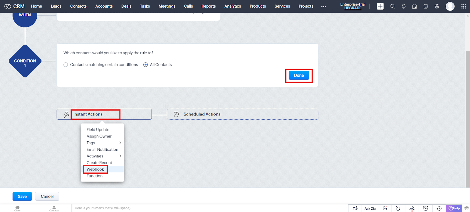 Update Contacts condition set to All Contacts with Webhook chosen under Instant Actions