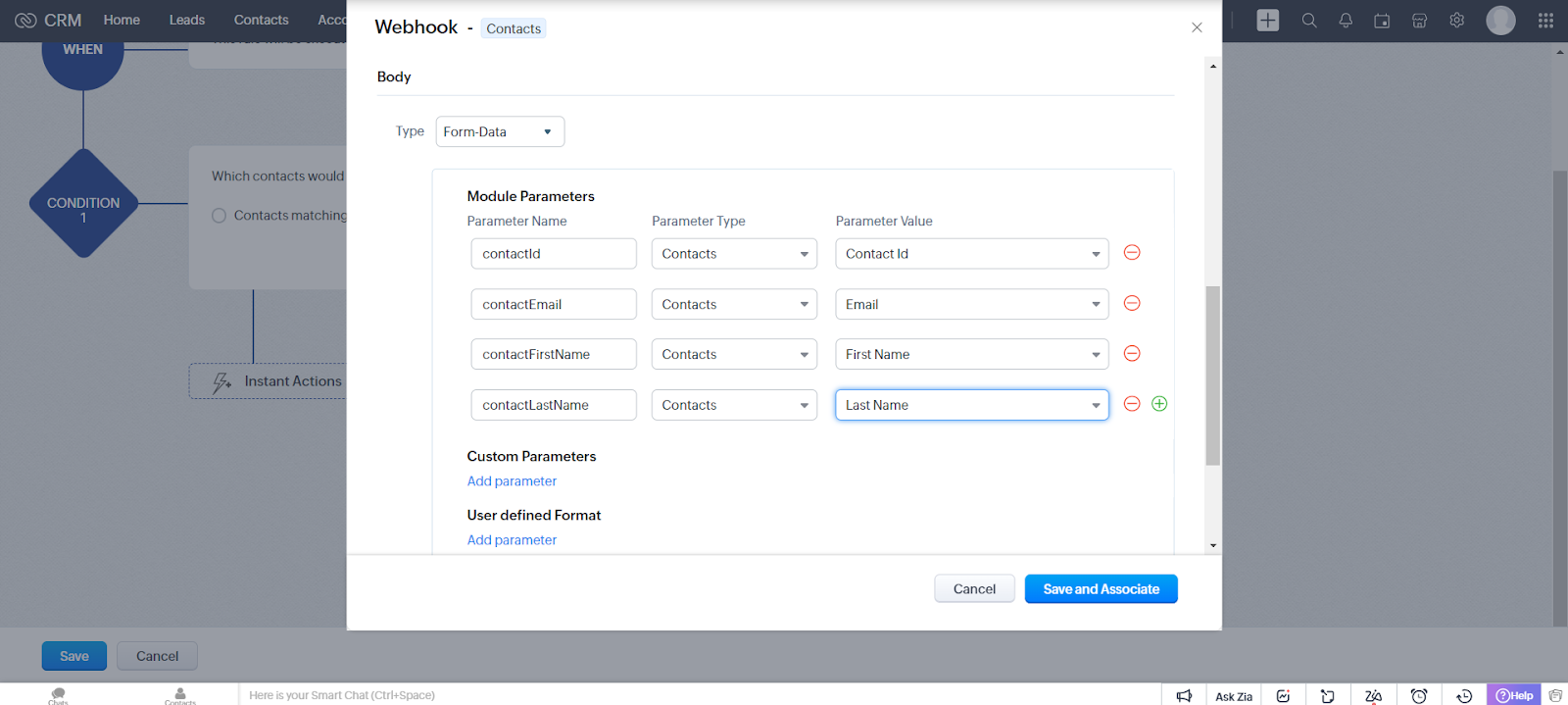 Update Contact webhook body with Form-Data type and contact module parameters